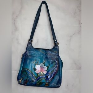Anna by Anuschka Blue Hand Painted Paisley Floral Leather Shoulder Bag